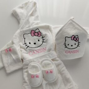 Bebek Bornoz Seti/%100 Pamuk/Hello Kitty Nakışlı