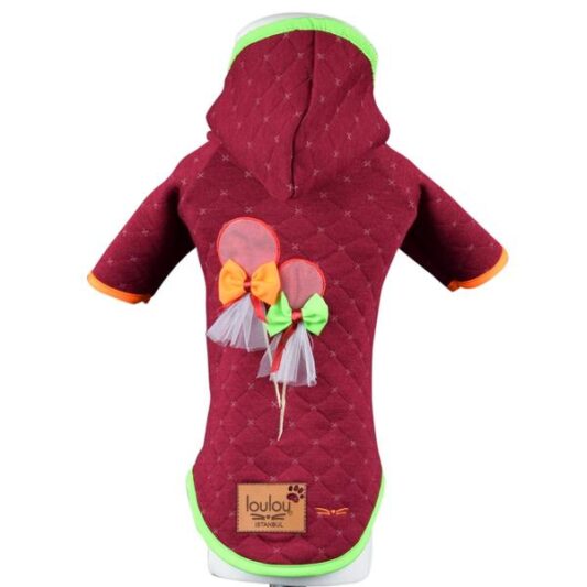 Bordo Elma Şekeri Nakışlı, Kapüşonlu Örme Body