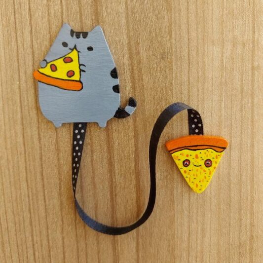 Ahşap Kitap Ayracı Pizzacı Kedi