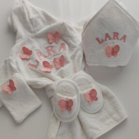 Bebek Bornoz Seti/%100 Pamuk/Kelebek Nakışlı