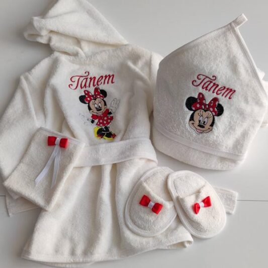Minnie Mouse Nakışlı Bebek Bornoz Takımı